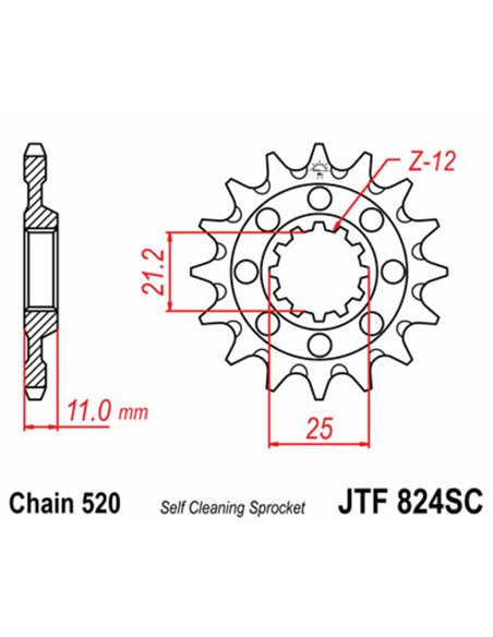 Piñón JT SPROCKETS acero autolimpiable 824 - Paso 520 JTF824.13SC