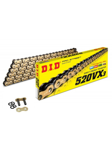 Cadena quad DID 520 VX3 X-Ring DORADA reforzada con retenes 92 94 96 98 100 o 104 pasos