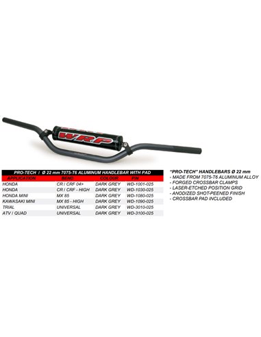 Manillar WRP PRO-TECH HONDA MINI MX 85 22mm con barra gris oscuro