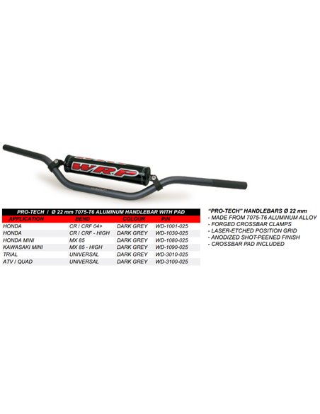 Manillar WRP PRO-TECH ATV/QUAD UNIVERSAL 22mm con barra gris oscuro