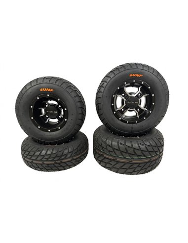 Lot de 4 jantes RACELINE MAMBA SPORT Suzuki Honda : 2 jantes 10x5 4/144 et 2 jantes 9x8 4/110 avec pneus SUNF 021 165/70-10 et