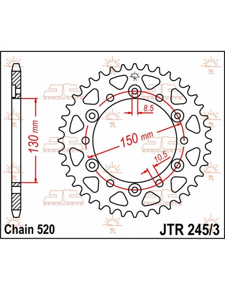 Rear sprocket JTR245 / 3.45 45 teeth 520 PITCH NATURAL C49 HIGH CARBON STEEL
