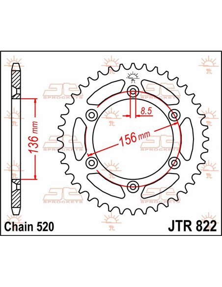 Rear sprocket JTR822.51 51 teeth 520 PITCH NATURAL C49 HIGH CARBON STEEL
