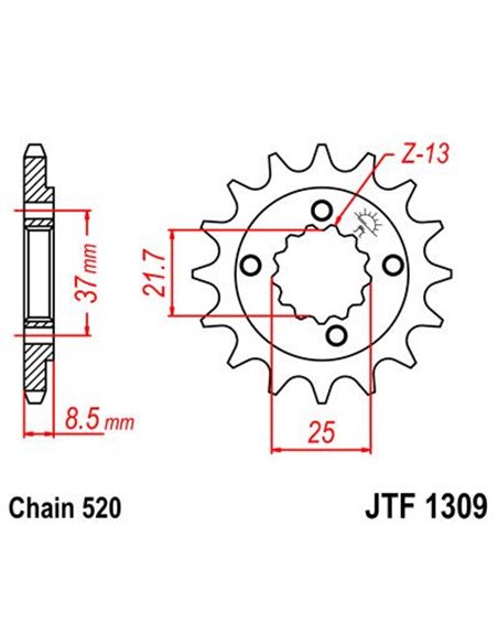 Pinhão de Ataque JTF1309.16 16 dentes 520 PITCH NATURAL SCM420 LIGA DE AÇO CROMÓLICO