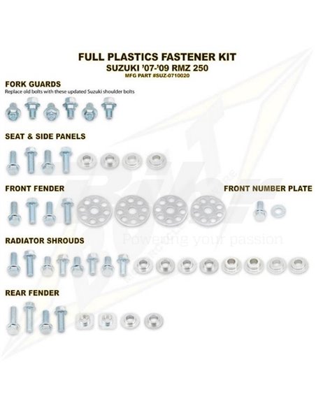 Parafuso SUZ 07-09 Kit de hardware plástico RMZ250