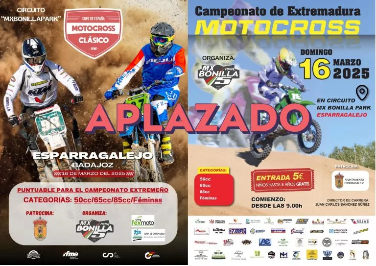 La Prueba del Campeonato de Motocross en Esparragalejo queda APLAZADA, tanto la Copa de España de MX Clásicas , como el MX Infantil, prevista para el 16 de marzo, debido a la climatología.
