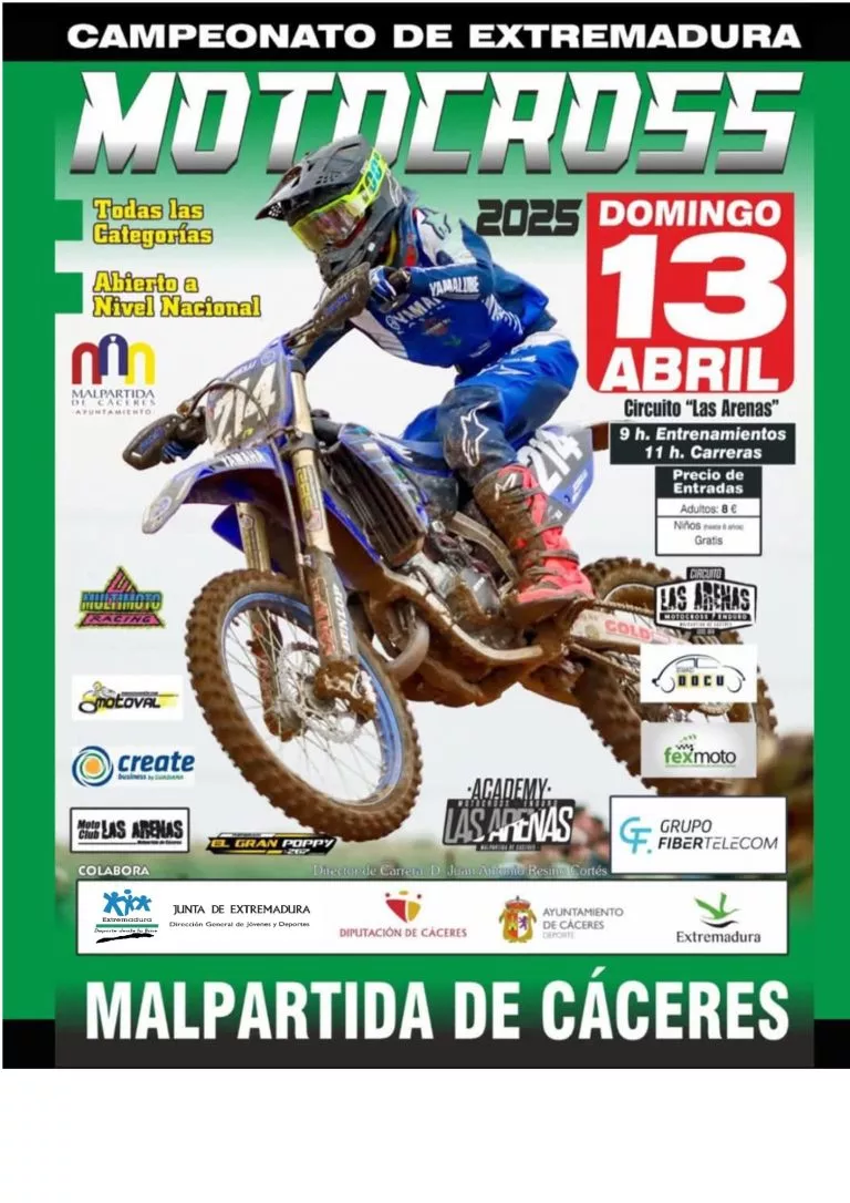 3ª Prueba del Campeonato de Extremadura de Motocross en Malpartida de Cáceres el próximo 13 de abril, circuito Las Arenas.