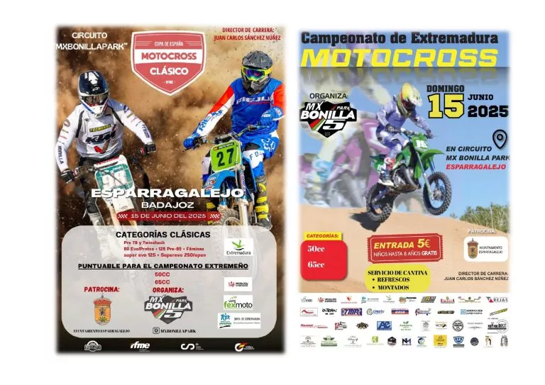 Prueba de la Copa de España de Motocross Clásicas y 6ª Prueba del Campeonato de Extremadura de Motocross Infantil en Esparragalejo el 15 de junio, circuito MXBonilla-Park.