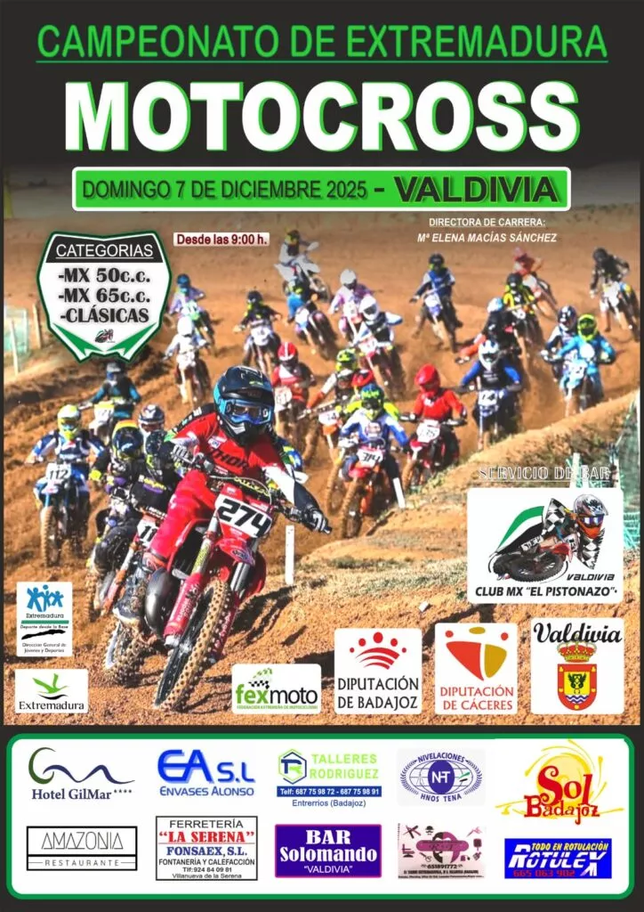 Prueba del Campeonato de Extremadura de Motocross Infantil en Valdivia, MX 50 cc, MX 65 cc y MX Clásicas, el 07 de diciembre.